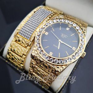 ICED GOLDEN NUGGET BLING WATCH & BRACELET SET